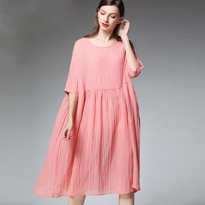 Plus Size Female Pleated Solid Color Midi Dress 2019 March New 