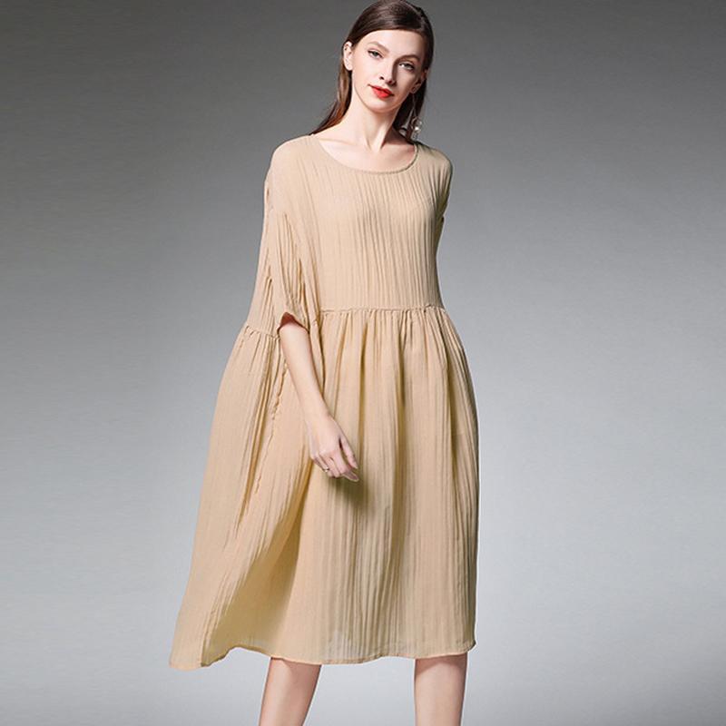 Plus Size Female Pleated Solid Color Midi Dress 2019 March New XL Beige 