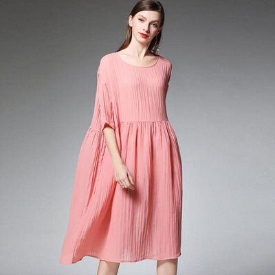 Plus Size Female Pleated Solid Color Midi Dress 2019 March New XL Pink 