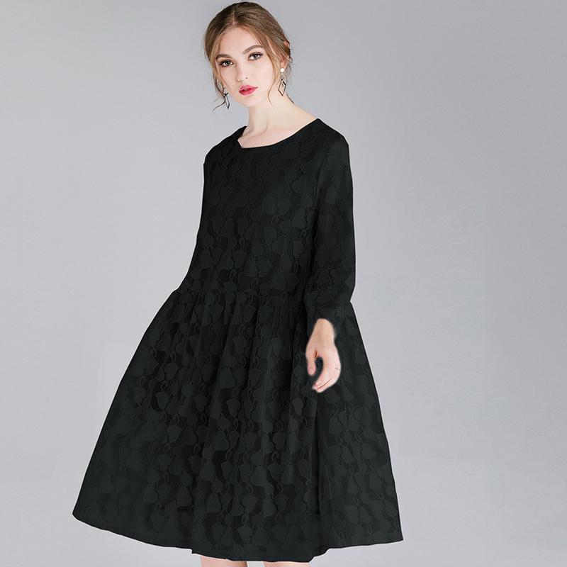 Plus Size Lace Hollow Out Sweetheart Long Sleeve Dress With Strap 2019 May New XL Black 