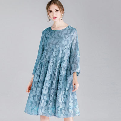 Plus Size Lace Hollow Out Sweetheart Long Sleeve Dress With Strap 2019 May New XL Blue 