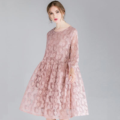 Plus Size Lace Hollow Out Sweetheart Long Sleeve Dress With Strap 2019 May New XL Pink 