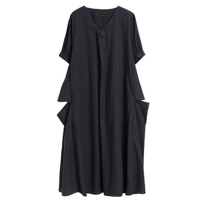 Plus Size Loose Short-sleeved V-neck Summer Cotton Dress March 2021 New-Arrival 