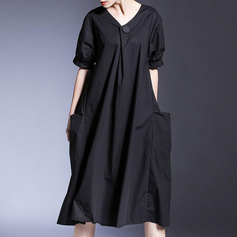 Plus Size Loose Short-sleeved V-neck Summer Cotton Dress March 2021 New-Arrival One Size Black 