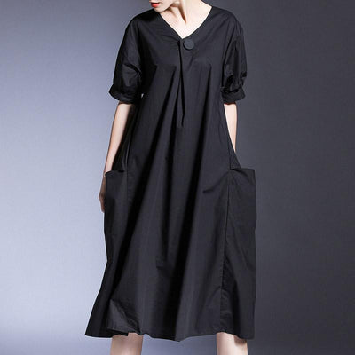Plus Size Loose Short-sleeved V-neck Summer Cotton Dress March 2021 New-Arrival One Size Black 