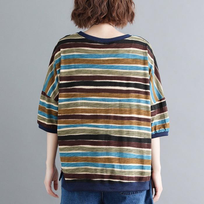 Plus Size Loose Thin Stripe Casual Cotton T-Shirt July 2021 New-Arrival 