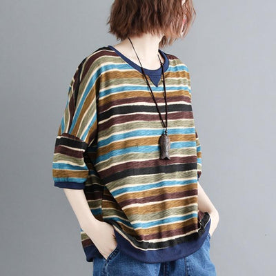 Plus Size Loose Thin Stripe Casual Cotton T-Shirt