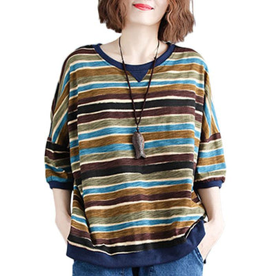 Plus Size Loose Thin Stripe Casual Cotton T-Shirt