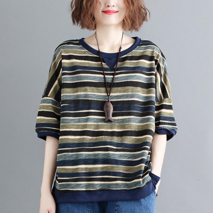 Plus Size Loose Thin Stripe Casual Cotton T-Shirt July 2021 New-Arrival L Blue 