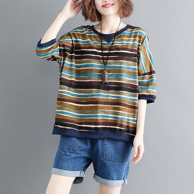 Plus Size Loose Thin Stripe Casual Cotton T-Shirt July 2021 New-Arrival L Red 