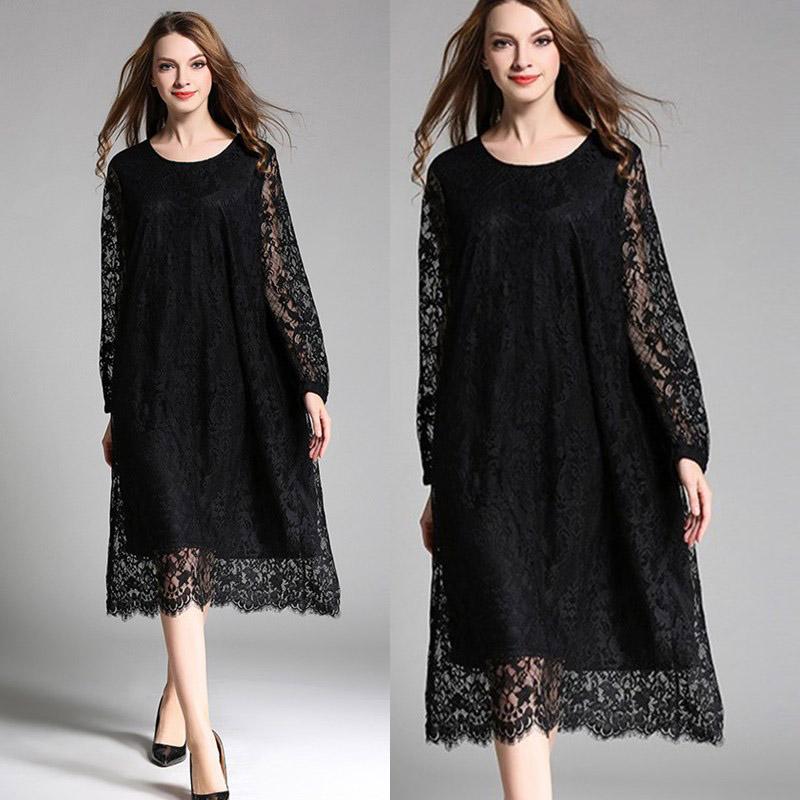 Plus Size Loose Women's Lace Dress Black XL-4XL March 2021 New-Arrival 