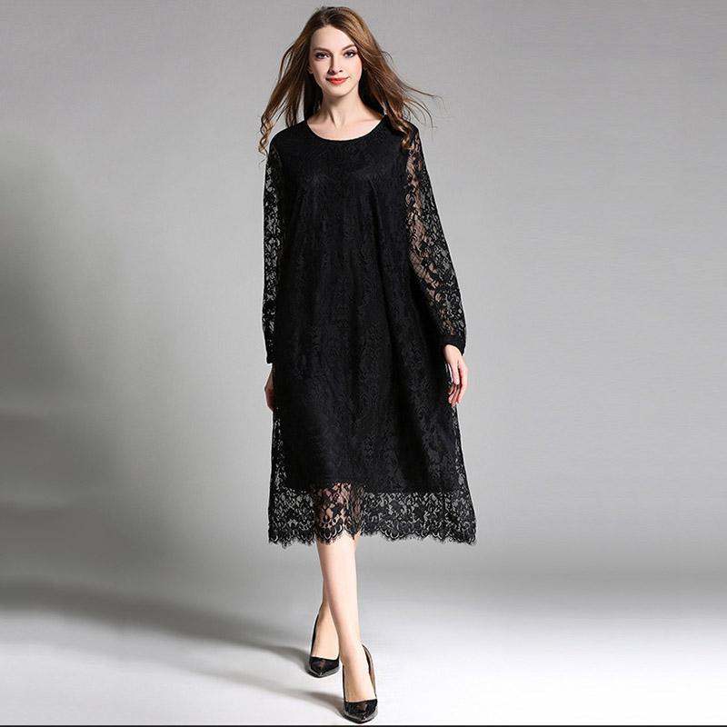 Plus Size Loose Women's Lace Dress Black XL-4XL