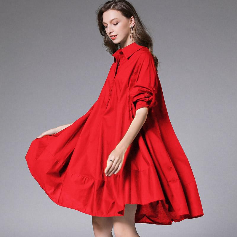 Plus Size Mid-length Loose Shirt Dress Women XL-4XL March 2021 New-Arrival XL Red 