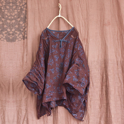 Plus Size Retro Summer Loose Printed Blouse May 2022 New Arrival Purple One Size 