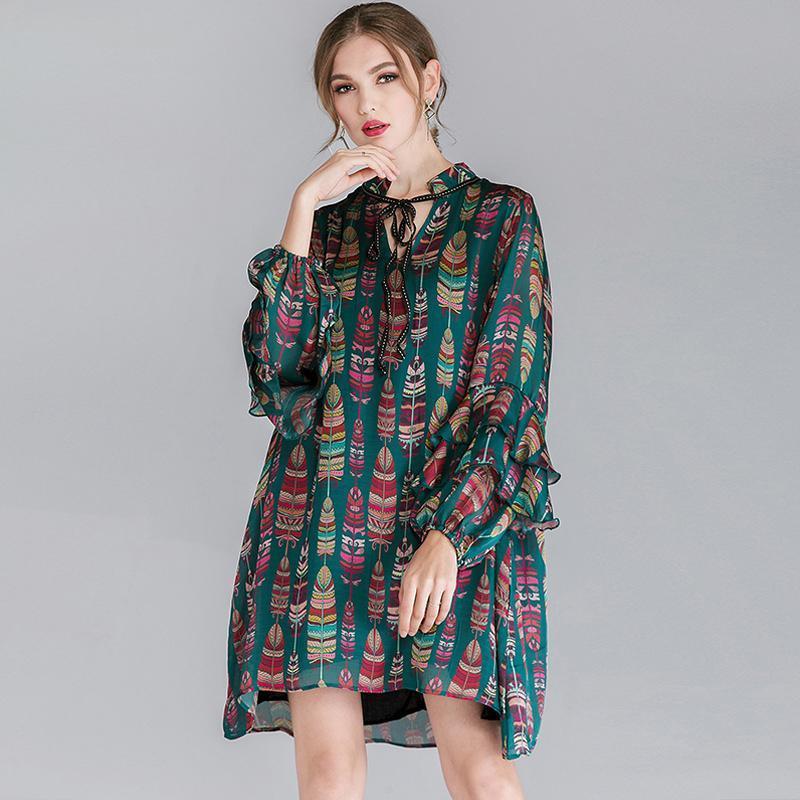 Plus Size Ruffle Sleeve Lacing Printing Long Sleeve Dress 2019 March New 