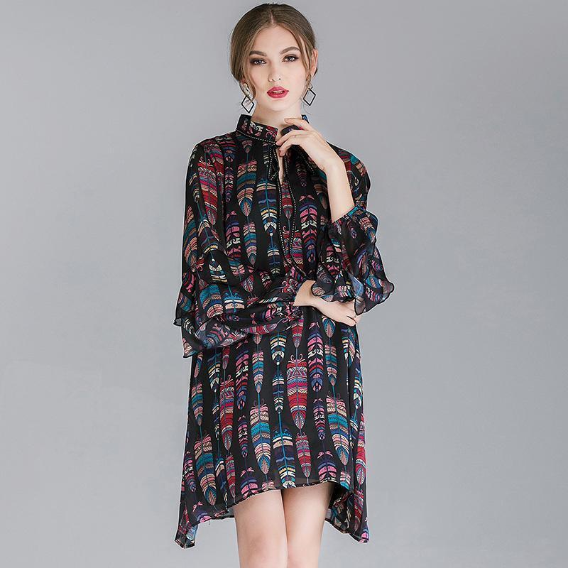 Plus Size Ruffle Sleeve Lacing Printing Long Sleeve Dress 2019 March New 