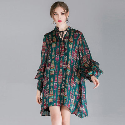 Plus Size Ruffle Sleeve Lacing Printing Long Sleeve Dress 2019 March New XL Green 