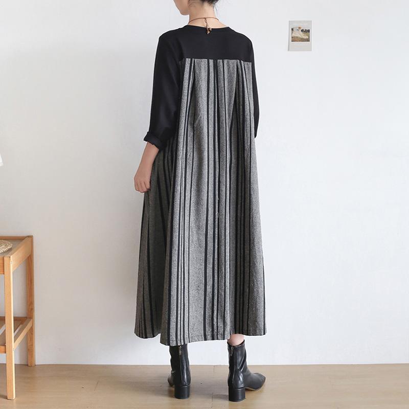 Plus Size Spring Autumn Cotton Linen Patchwork Stripe Loose Dress Dec 2021 New Arrival 