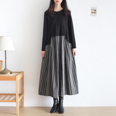 Plus Size Spring Autumn Cotton Linen Patchwork Stripe Loose Dress Dec 2021 New Arrival 