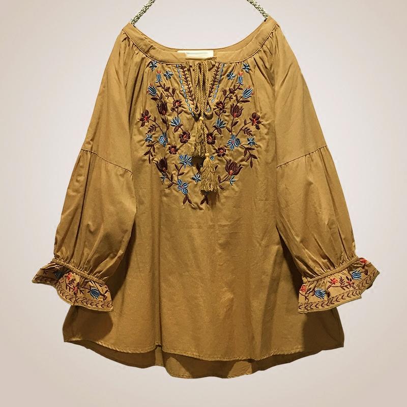 Plus Size Spring Autumn Retro Embroidery Loose Shirt Nov 2021 New Arrival Camel 