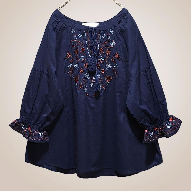 Plus Size Spring Autumn Retro Embroidery Loose Shirt
