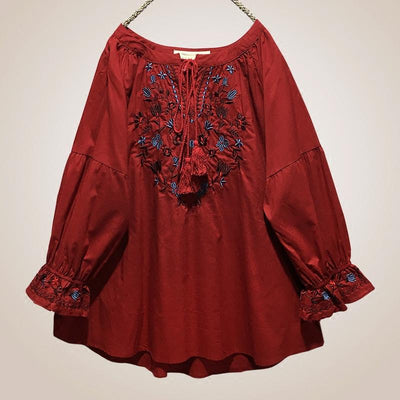 Plus Size Spring Autumn Retro Embroidery Loose Shirt Nov 2021 New Arrival Red 