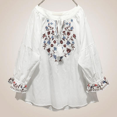 Plus Size Spring Autumn Retro Embroidery Loose Shirt Nov 2021 New Arrival White 