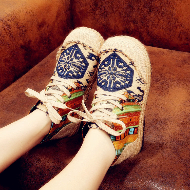 Plus Size Spring Summer Retro Embroidery Linen Casual Shoes