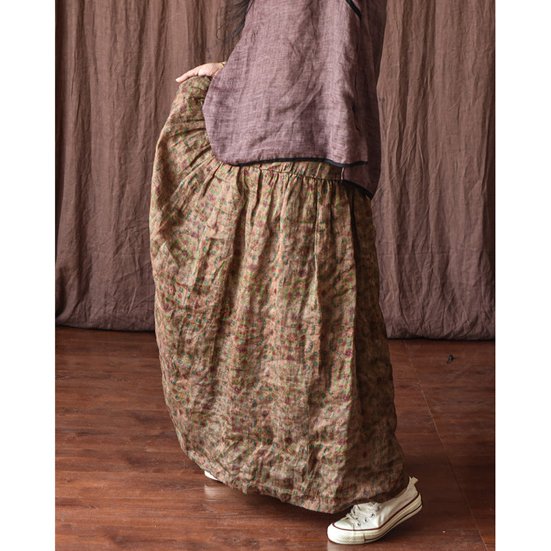 Plus Size Spring Summer Retro Floral Linen Skirt