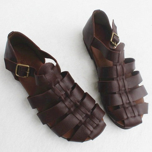 Plus Size Summer Plaited Leather Handmade Sandals Jun 2022 New Arrival 35 Brown 
