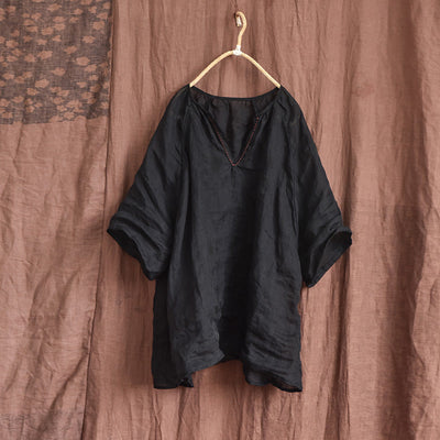 Plus Size Summer Women Retro Loose Casual Solid Blouse May 2022 New Arrival Black One Size 