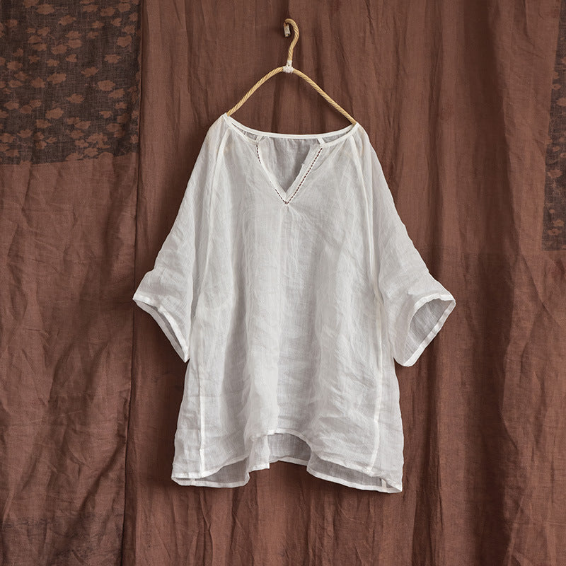 Plus Size Summer Women Retro Loose Casual Solid Blouse May 2022 New Arrival White One Size 