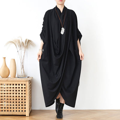 Plus Size Vintage Cotton Spring Irregular Dress One Size Black 