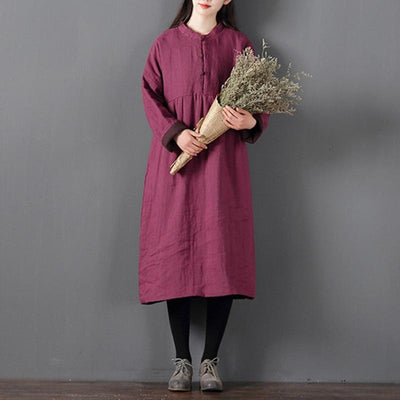 Plus Size Winter Retro Loose Cotton Padded Linen Dress Dec 2021 New Arrival One Size Rose Red 