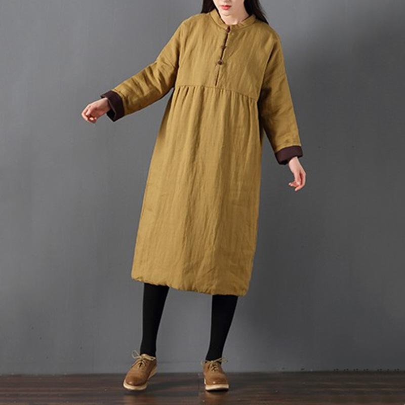 Plus Size Winter Retro Loose Cotton Padded Linen Dress Dec 2021 New Arrival One Size Yellow 