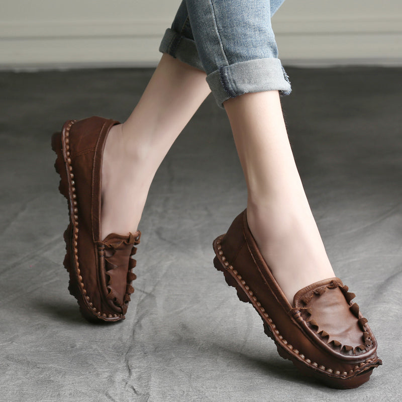 Plus Size Women Spring Summer Retro Leather Loafers May 2022 New Arrival 35 Brown 