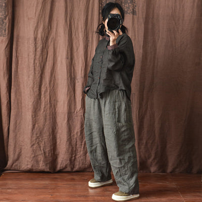Plus Size Women Spring Summer Solid Linen Loose Trousers