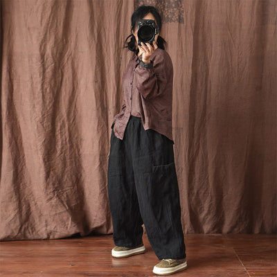 Plus Size Women Spring Summer Solid Linen Loose Trousers Mar 2022 New Arrival Black One Size 
