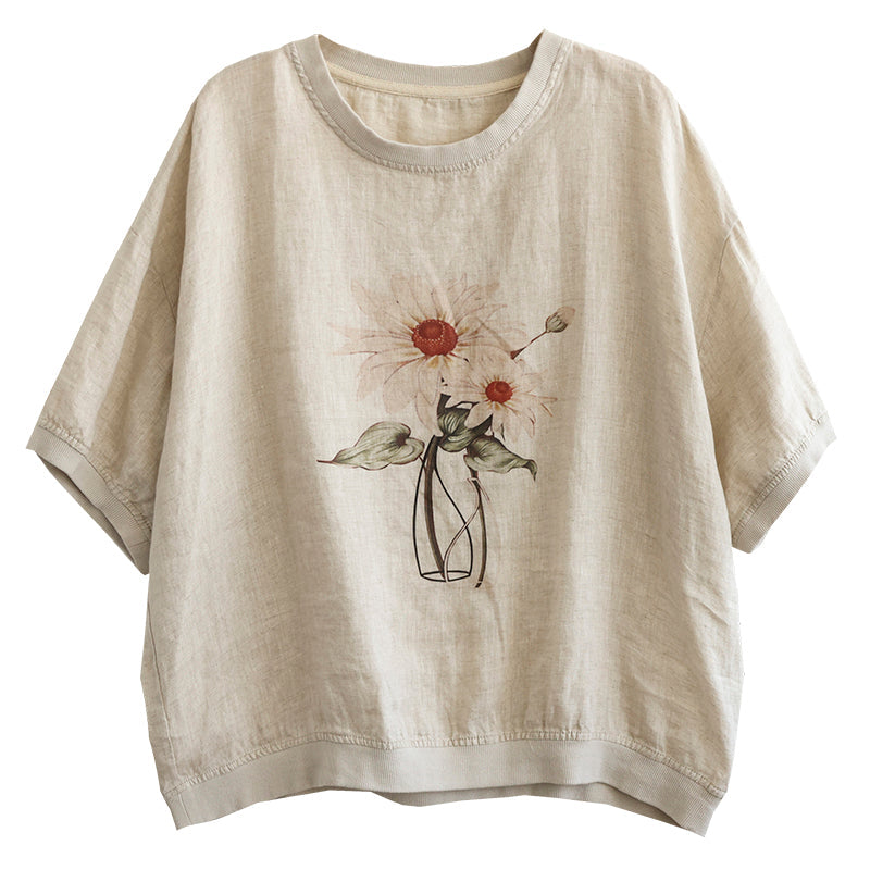 Plus Size Women Summer Retro Floral Linen Loose T-Shirt