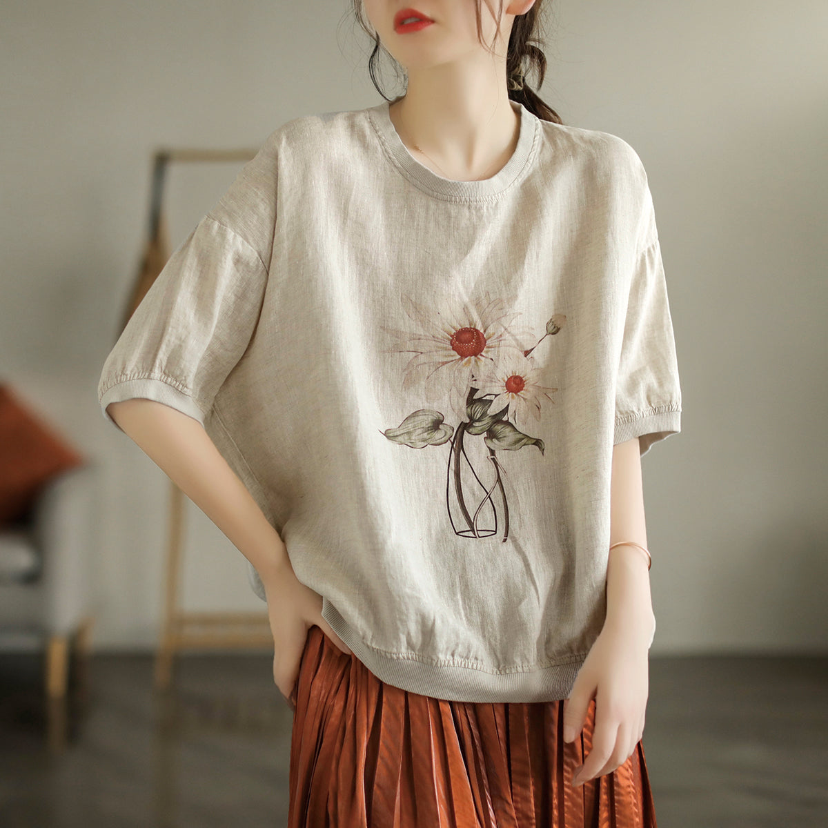 Plus Size Women Summer Retro Floral Linen Loose T-Shirt
