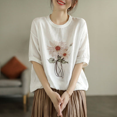 Plus Size Women Summer Retro Floral Linen Loose T-Shirt Jun 2022 New Arrival One Size White 