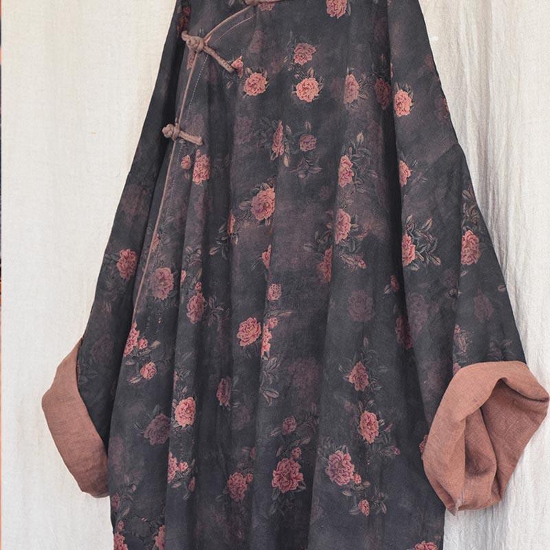 Plus Suze Retro Autumn Floral Printed Linen Dress