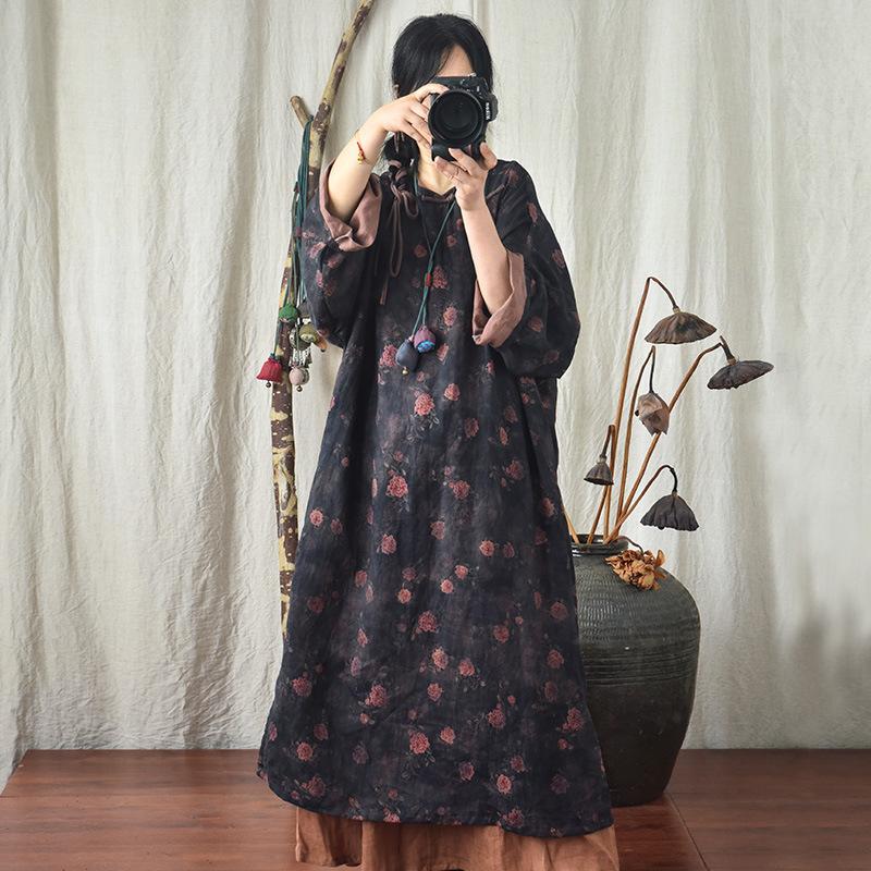 Plus Suze Retro Autumn Floral Printed Linen Dress September 2021 new-arrival Dark 