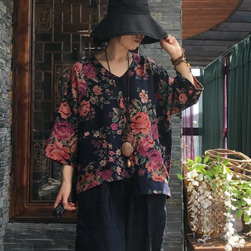Print V-neck Autumn Long Sleeve Cotton Blouse 2019 March New One Size Floral 