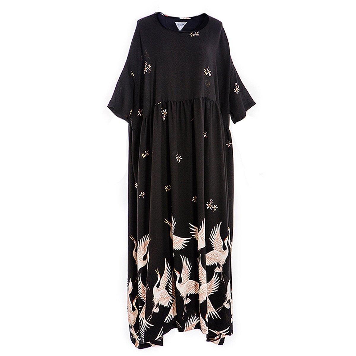 Printed Folk Style Casual Loose Maxi Short Sleeve Dress For Women