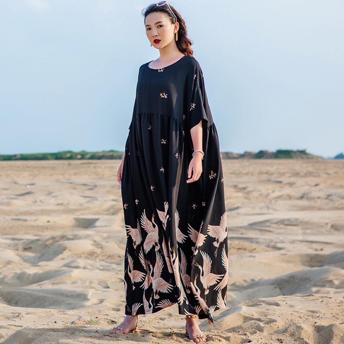 Printed Folk Style Casual Loose Maxi Short Sleeve Dress For Women 2019 May New M Black 
