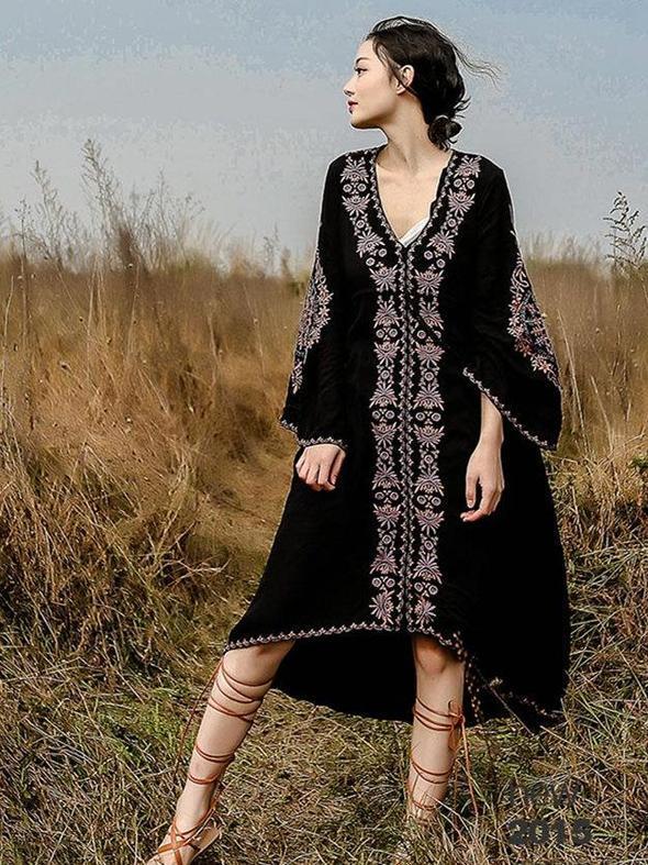 Ramie Cotton Embroidered Flared Sleeves V-neck Maxi Dress