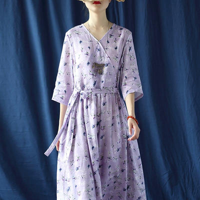 Ramie Digital Print Purple Flower Dress July 2020-New Arrival 