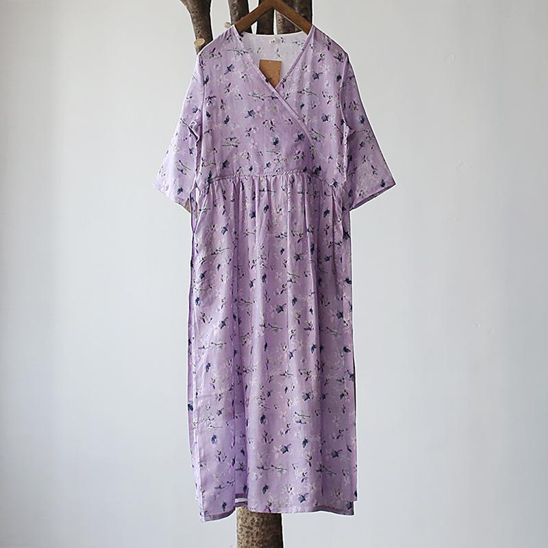 Ramie Digital Print Purple Flower Dress July 2020-New Arrival 