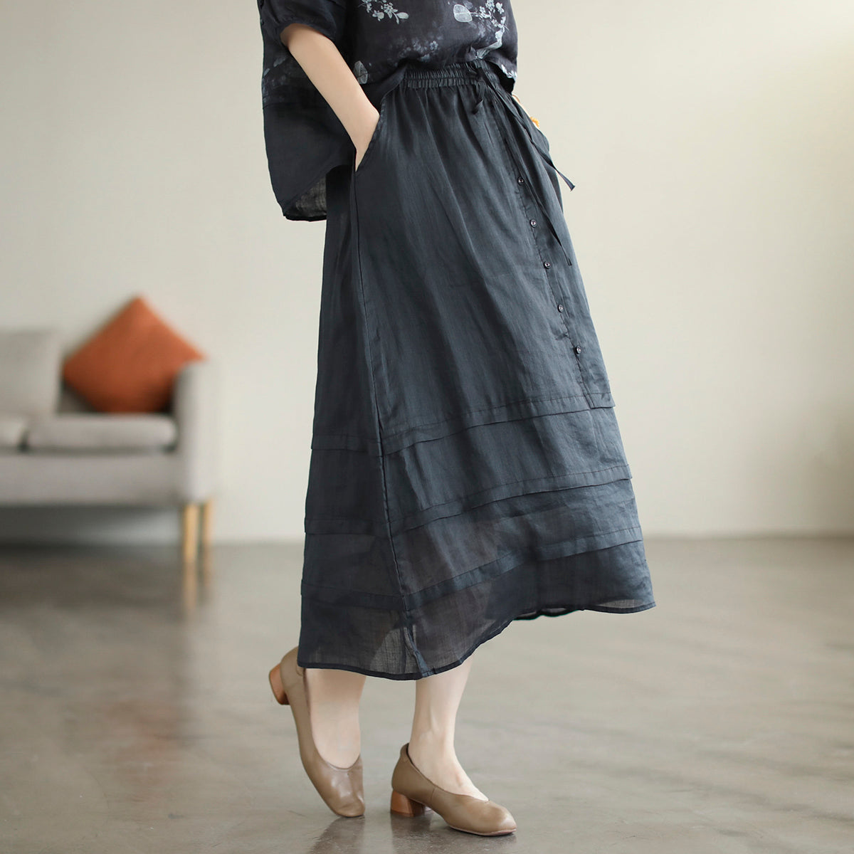 Retro A-Line Summer Patchwork Linen Skirt